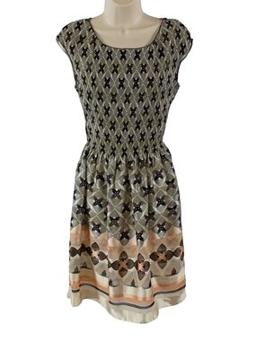 Beige & Black Printed Cap-Sleeve Midi Dress